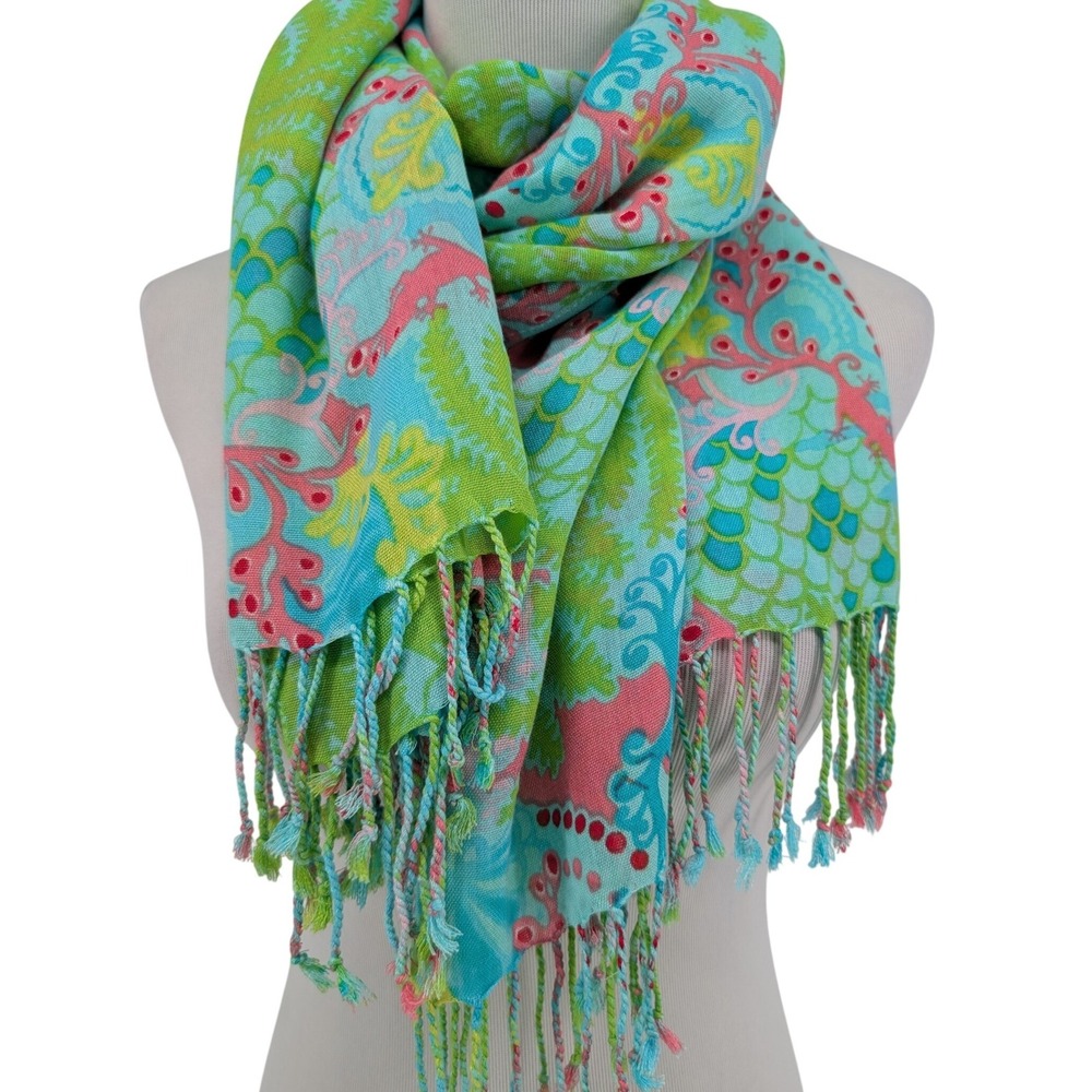 Lilly Pulitzer Scarf Sarong Womens OS Blue Green Pink Under the Sea Gecko Resort